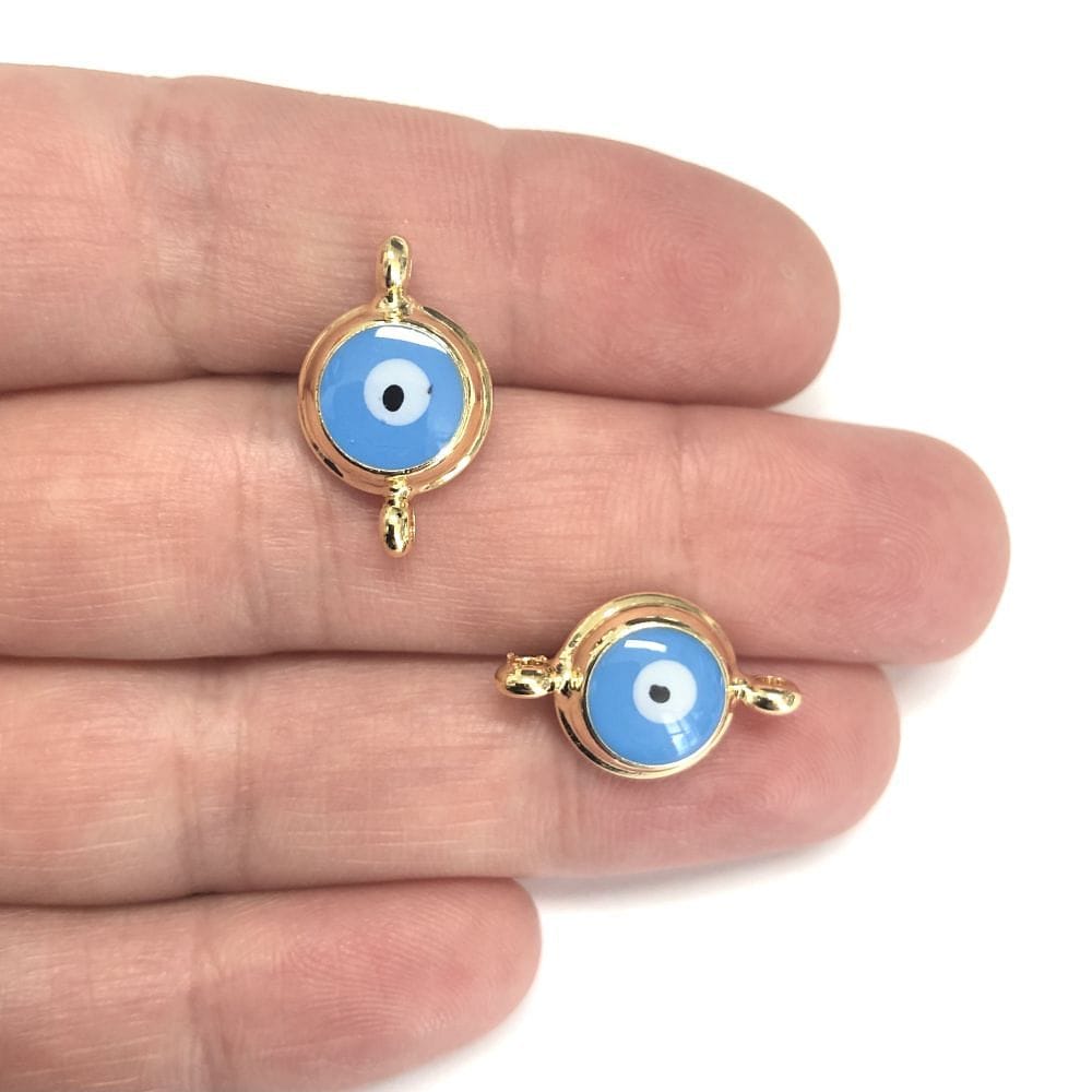 Gold Plated Double Handle Enamel Evil Eye Beads Blue