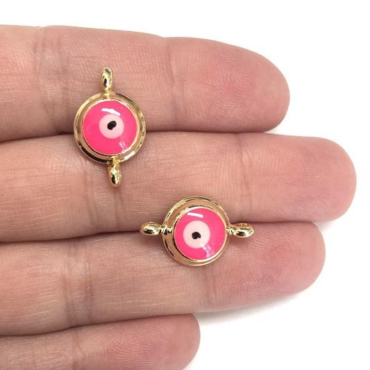 Gold Plated Double Handle Enamel Evil Eye Beads Neon Pink