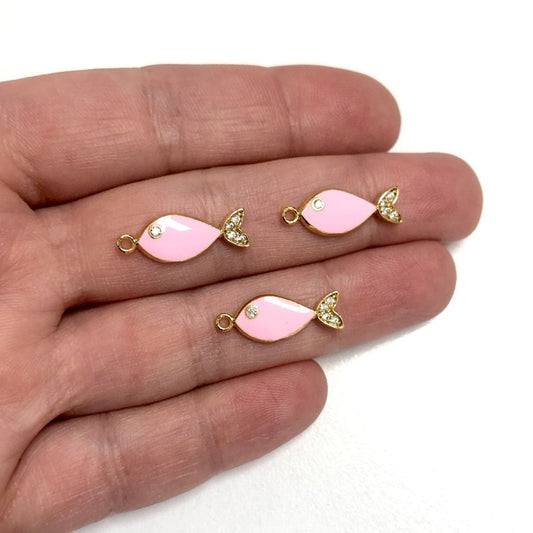 Gold Plated Enameled Zircon Stone Fish Shaking Attachment - Pink